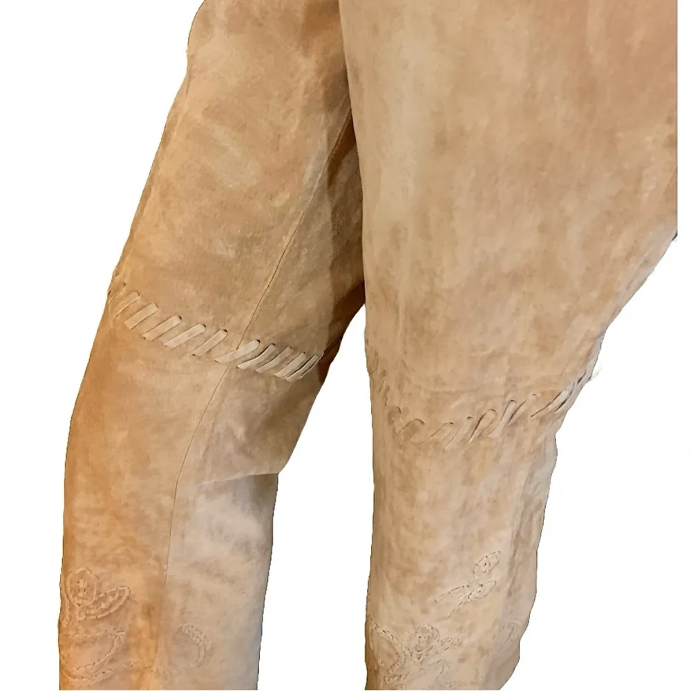 MARGARET GODFREY TAN SUEDE WHIP STITCH W/FLORAL DESIGN FLARE LEG PANTS (10) - Picture 7 of 14